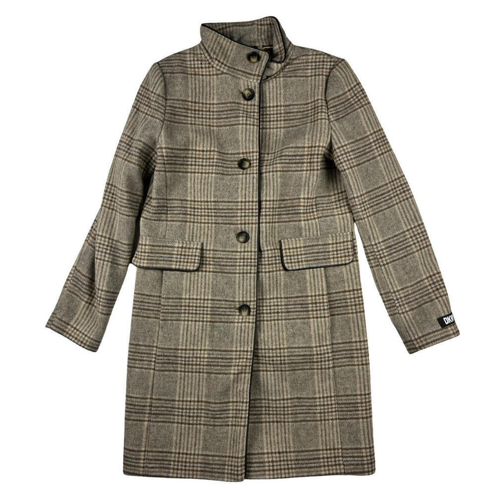 DKNY Elegant Stand Collar Outwear Wool Blend Coat Check Brown Size XS